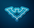 Glowing neon line Flying bat icon isolated on blue background. Vector