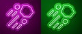 Glowing neon line Flying stone icon isolated on purple and green background. Vector