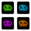 Glowing neon line French beret icon isolated on white background. Black square button. Vector Royalty Free Stock Photo