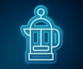 Glowing neon line French press icon isolated on blue background. Vector