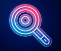 Glowing neon line Frying pan icon isolated on blue background. Fry or roast food symbol. Vector