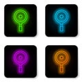 Glowing neon line Frying pan icon isolated on white background. Fry or roast food symbol. Black square button. Vector