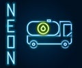 Glowing neon line Fuel tanker truck icon isolated on black background. Gasoline tanker. Colorful outline concept. Vector