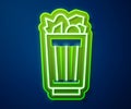 Glowing neon line Full trash can icon isolated on blue background. Garbage bin sign. Recycle basket icon. Office trash Royalty Free Stock Photo