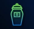 Glowing neon line Funeral urn icon isolated on blue background. Cremation and burial containers, columbarium vases, jars