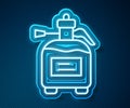 Glowing neon line Garden sprayer for water, fertilizer, chemicals icon isolated on blue background. Vector