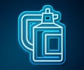 Glowing neon line Garden sprayer for water, fertilizer, chemicals icon isolated on blue background. Vector