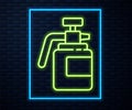 Glowing neon line Garden sprayer for water, fertilizer, chemicals icon isolated on brick wall background. Vector