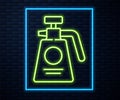 Glowing neon line Garden sprayer for water, fertilizer, chemicals icon isolated on brick wall background. Vector