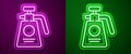 Glowing neon line Garden sprayer for water, fertilizer, chemicals icon isolated on purple and green background. Vector