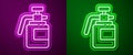 Glowing neon line Garden sprayer for water, fertilizer, chemicals icon isolated on purple and green background. Vector