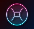 Glowing neon line Gemini zodiac sign icon isolated on black background. Astrological horoscope collection. Vector Royalty Free Stock Photo