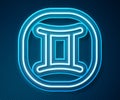 Glowing neon line Gemini zodiac sign icon isolated on blue background. Astrological horoscope collection. Vector