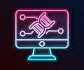 Glowing neon line Genetic engineering modification on monitor icon isolated on black background. DNA analysis, genetics