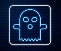 Glowing neon line Ghost icon isolated on brick wall background. Happy Halloween party. Vector