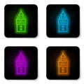 Glowing neon line Giralda in Seville Spain icon isolated on white background. Black square button. Vector