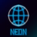 Glowing neon line Global technology or social network icon isolated on black background. Colorful outline concept