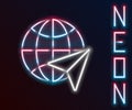 Glowing neon line Globe with flying plane icon isolated on black background. Airplane fly around the planet earth Royalty Free Stock Photo