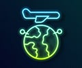 Glowing neon line Globe with flying plane icon isolated on black background. Airplane fly around the planet earth Royalty Free Stock Photo
