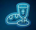 Glowing neon line Goblet and bread icon isolated on blue background. Bread and wine cup. Holy communion sign. Vector Royalty Free Stock Photo