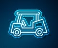 Glowing neon line Golf car icon isolated on blue background. Golf cart. Vector Royalty Free Stock Photo