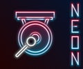Glowing neon line Gong musical percussion instrument circular metal disc and hammer icon isolated on black background