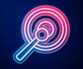 Glowing neon line Gong musical percussion instrument circular metal disc and hammer icon isolated on blue background