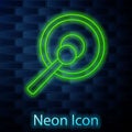 Glowing neon line Gong musical percussion instrument circular metal disc and hammer icon isolated on brick wall