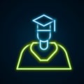 Glowing neon line Graduate and graduation cap icon isolated on black background. Colorful outline concept. Vector