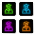 Glowing neon line Graduate and graduation cap icon isolated on white background. Black square button. Vector Royalty Free Stock Photo