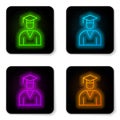 Glowing neon line Graduate and graduation cap icon isolated on white background. Black square button. Vector Royalty Free Stock Photo