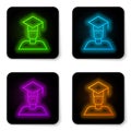 Glowing neon line Graduate and graduation cap icon isolated on white background. Black square button. Vector