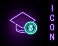 Glowing neon line Graduation cap and coin icon isolated on black background. Education and money. Concept of scholarship Royalty Free Stock Photo