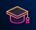 Glowing neon line Graduation cap icon isolated on black background. Graduation hat with tassel icon. Vector