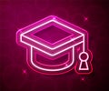 Glowing neon line Graduation cap icon isolated on red background. Graduation hat with tassel icon. Vector Royalty Free Stock Photo