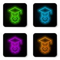 Glowing neon line Graduation cap icon isolated on white background. Graduation hat with tassel icon. Black square button Royalty Free Stock Photo