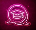 Glowing neon line Graduation cap in speech bubble icon isolated on red background. Graduation hat with tassel icon Royalty Free Stock Photo