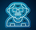 Glowing neon line Grandfather icon isolated on blue background. Vector