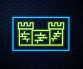 Glowing neon line Great wall of China icon isolated on brick wall background. Vector