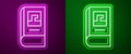 Glowing neon line Greek history book icon isolated on purple and green background. Vector