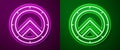 Glowing neon line Greek shield with greek ornament icon isolated on purple and green background. Vector