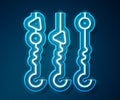 Glowing neon line Grilled shish kebab on skewer stick icon isolated on blue background. Meat kebab on skewer stick