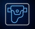 Glowing neon line Gun in holster, firearms icon isolated on brick wall background. Vector Royalty Free Stock Photo