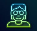 Glowing neon line Hacker or coder icon isolated on black background. Programmer developer working on code, coding Royalty Free Stock Photo