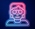 Glowing neon line Hacker or coder icon isolated on blue background. Programmer developer working on code, coding