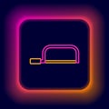 Glowing neon line Hacksaw icon isolated on black background. Metal saw for wood and metal. Colorful outline concept