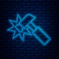 Glowing neon line Hammer icon isolated on brick wall background. Tool for repair. Vector