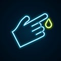 Glowing neon line Hand finger with blood drops icon isolated on isolated on black background. Diabetes, sugar blood Royalty Free Stock Photo