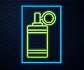 Glowing neon line Hand grenade icon isolated on brick wall background. Bomb explosion. Vector