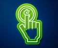 Glowing neon line Hand holding coin icon isolated on blue background. Dollar or USD symbol. Cash Banking currency sign